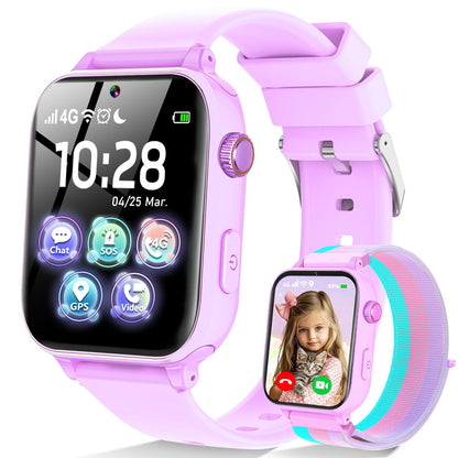 Ucani A28 4G Kinder-Smartwatch mit GPS, Videoanruf und SOS, Lila, Touchscreen und Armband