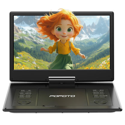 POFOTO Tragbarer DVD-Player, 14,1-Zoll-HD-Schwenkdisplay, 6h Akku in Schwarz mit drehbarem Display