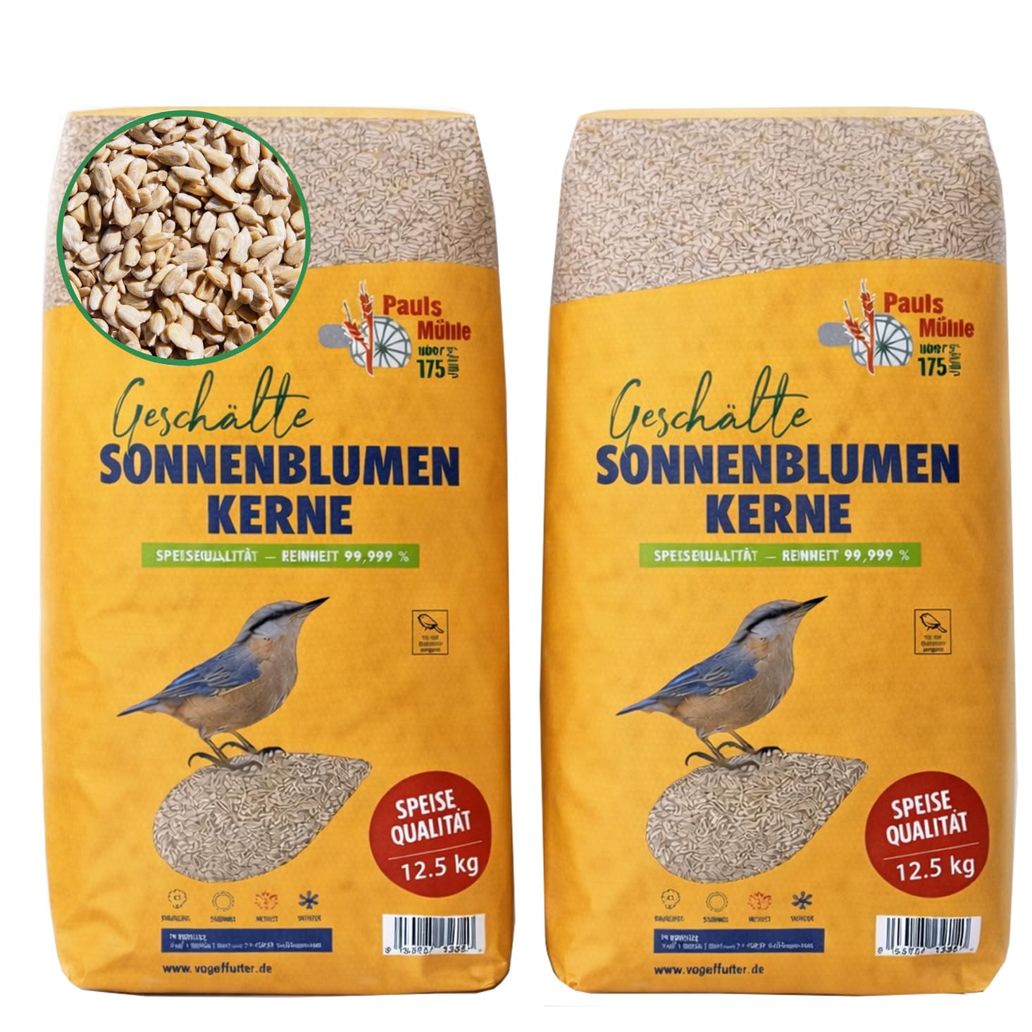 Paul´s Mühle Sonnenblumenkerne geschält Vogelfutter 25 kg – geschälte Körner zur Ganzjahresfütterung von Wildvögeln