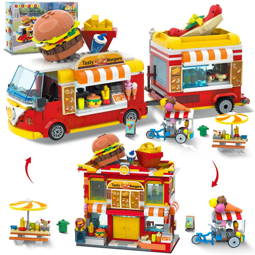 HOGOKIDS City Burger-Truck 2-in-1 Klemmbausteine, 826 Teile – Burger-Van mit Anhänger und Eiswagen