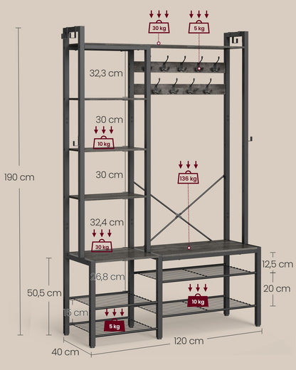 VASAGLE Garderobenständer mit Schuhbank – Steingrau-Tintenschwarz