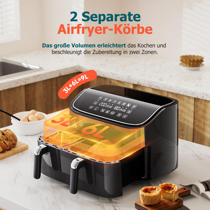 GourmetStar 9L Doppelkammer Heissluftfritteuse – 2 separate Fächer