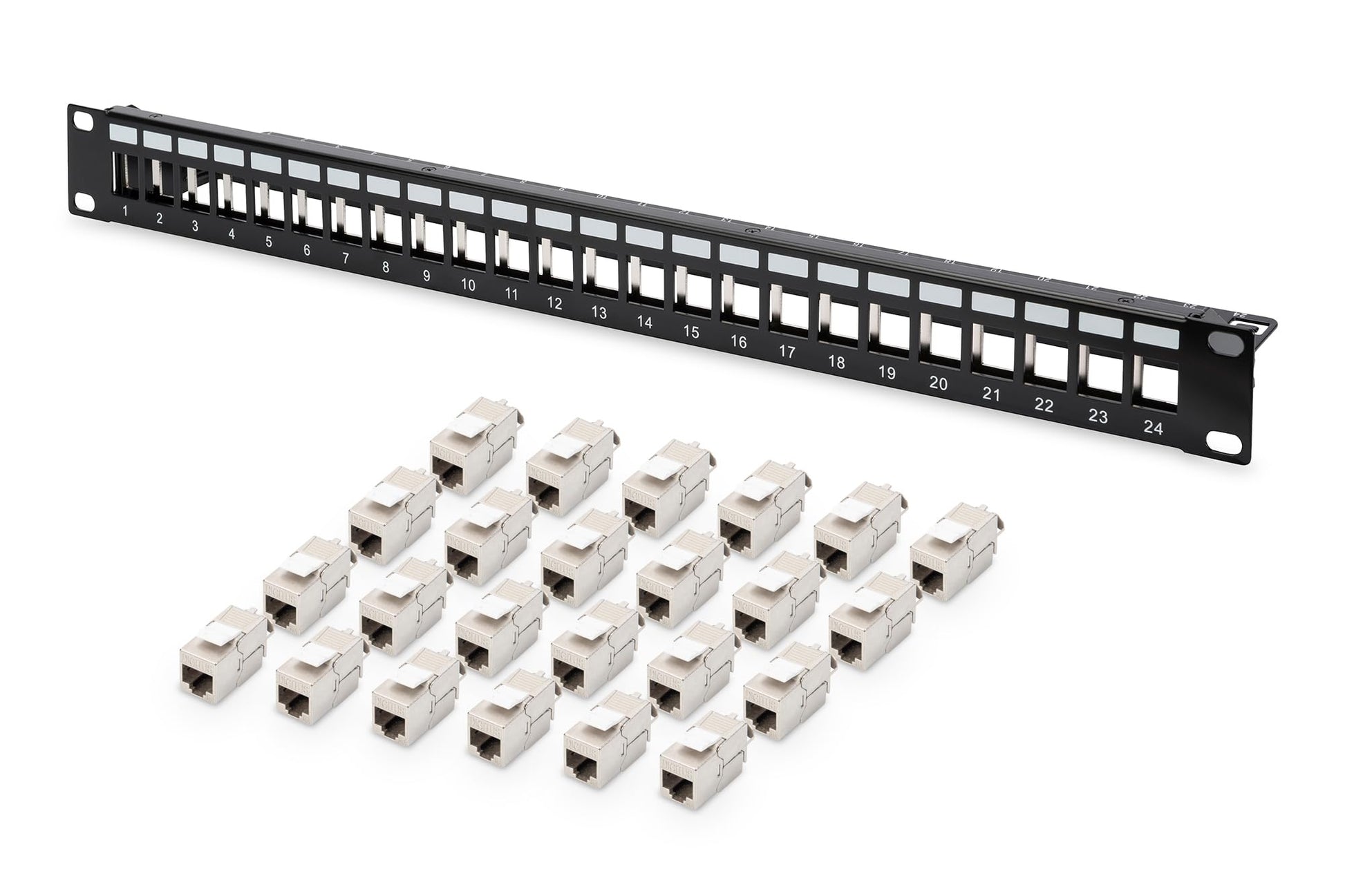 DIGITUS Patchpanel 19" 24-Port geschirmt Cat6A schwarz. Ermöglicht die effiziente Terminierung von Netzwerkkabeln für strukturierte Verkabelung.
