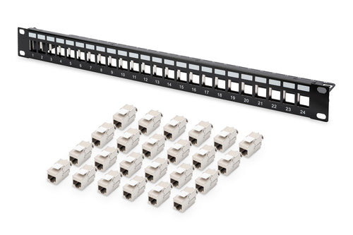DIGITUS Patchpanel 19" 24-Port geschirmt Cat6A schwarz. Ermöglicht die effiziente Terminierung von Netzwerkkabeln für strukturierte Verkabelung.