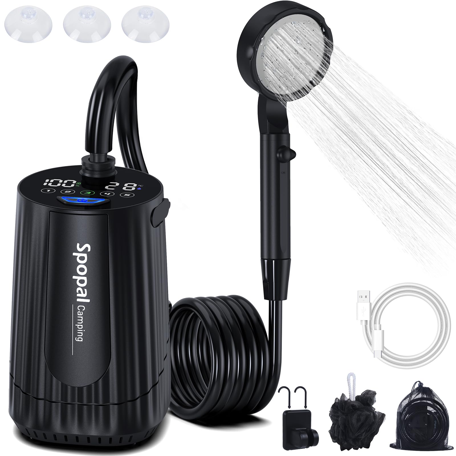 Spopal Campingdusche mit Pumpe, tragbar, 10000 mAh, IPX8 – mit Duschkopf und Schlauch