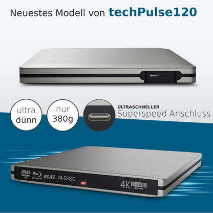 techPulse120 Imperator Externer Blu-ray Brenner USB-C 4K BDXL - Silber