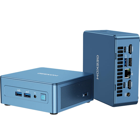 GEEKOM IT12 2025 Edition Mini PC - Intel i7-1280P 32GB 1TB SSD. Ein schwarzer, rechteckiger PC für Büro, Heim und Multimedia.
