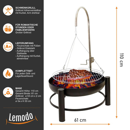 Lemodo Holzkohlegrill - Schwenkgrill mit Kurbel & Feuerschale