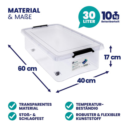 Deuba® RB60 Aufbewahrungsboxen - 6x 30l transparent mit Rollen