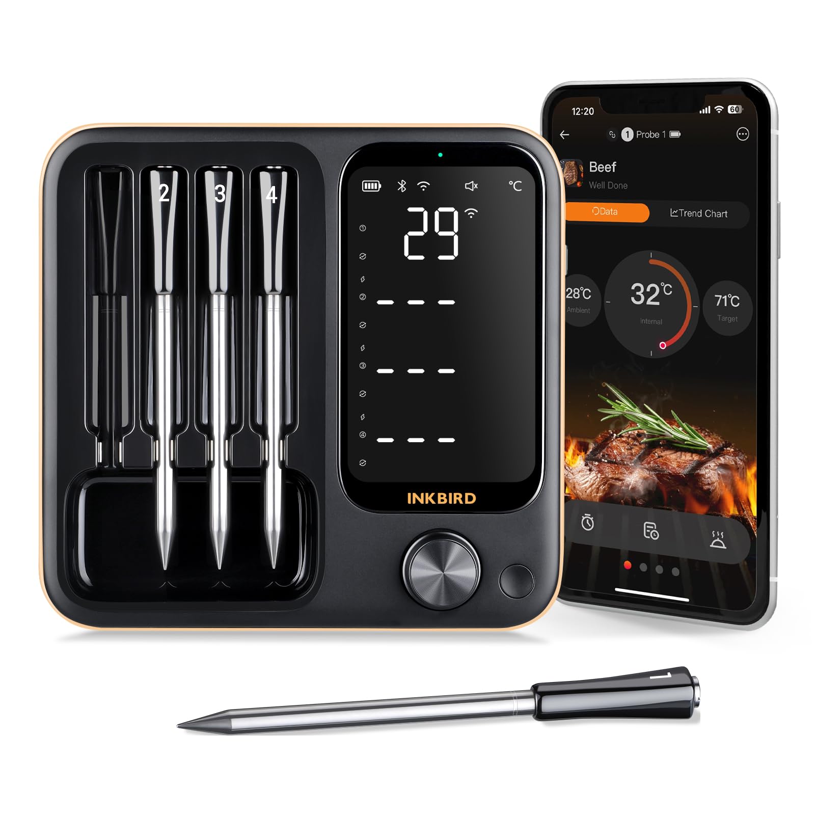 Inkbird INT-14-BW Kabelloses Fleischthermometer mit Ladebox und vier Edelstahlsonden