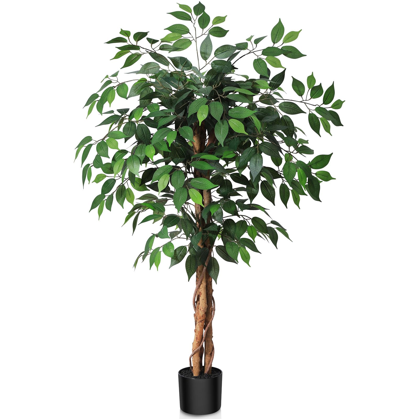 SOGUYI Kunstpflanze Ficusbaum 120 cm mit Naturholzstamm, grüner Kunstbaum im Zementtopf