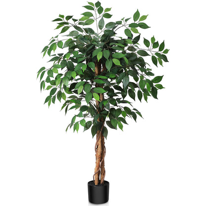 SOGUYI Kunstpflanze Ficusbaum 120 cm mit Naturholzstamm, grüner Kunstbaum im Zementtopf