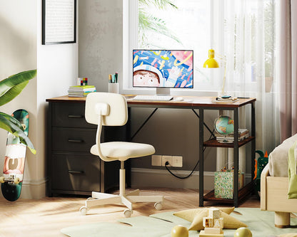 Coleshome Schreibtisch 130x48cm - Braun, Stoffschubladen, Steckdosen