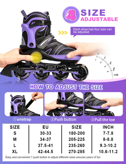 2PM SPORTS Inline Skates für Kinder, verstellbar, 82A PU-Rollen