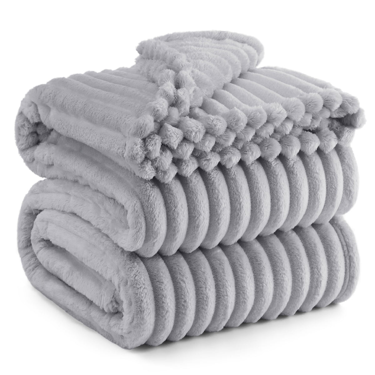 BEDSURE Kuscheldecke 220x240 cm, Flanell-Fleecedecke, Hellgrau, weiches Fleece mit Streifenmuster