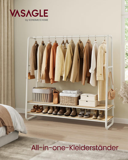 VASAGLE Kleiderständer mit 2 Ablagen und 6 Haken, naturbeige-mattweiss