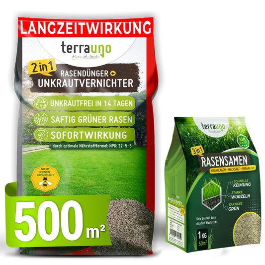 TerraUno Rasendünger Unkrautvernichter - extra stark 10 kg: Grüner Sack Granulat zur Düngung und Unkrautvernichtung im Rasen.