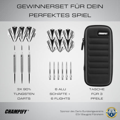 Champify Blizzard Steeldarts Set 23g 90% Tungsten mit Darttasche