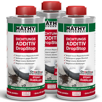 MATHY DropStop Dichtungs-Additiv gegen Ölverlust – 3x 250ml Pack: Drei Flaschen. Regeneriert Dichtungen gegen Ölverlust.
