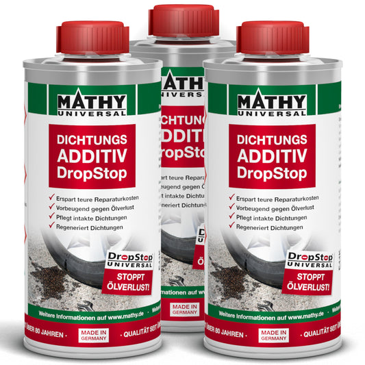 MATHY DropStop Dichtungs-Additiv gegen Ölverlust – 3x 250ml Pack: Drei Flaschen. Regeneriert Dichtungen gegen Ölverlust.