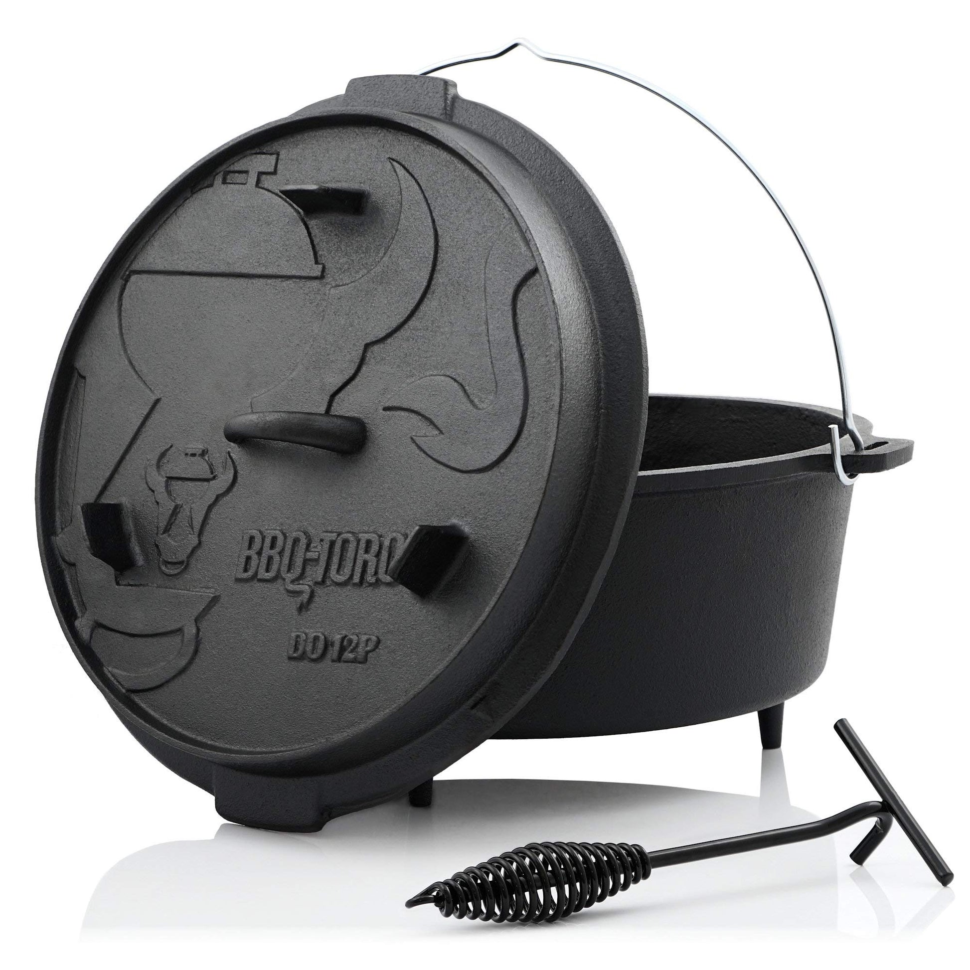 BBQ-Toro Dutch Oven Premium DO12P Gusseisen Topf 13.6L eingebrannt. Runder Gusseisentopf mit Füßen u. Randdeckel für Outdoor-Küche.