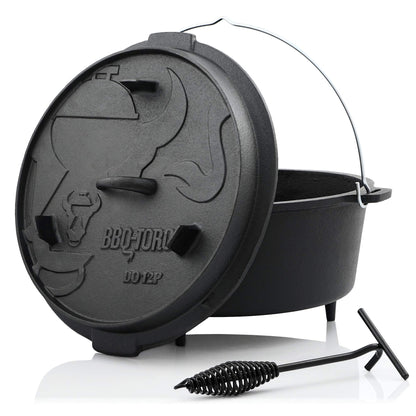 BBQ-Toro Dutch Oven Premium DO12P Gusseisen Topf 13.6L eingebrannt. Runder Gusseisentopf mit Füßen u. Randdeckel für Outdoor-Küche.