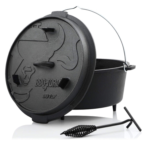 BBQ-Toro Dutch Oven Premium DO12P Gusseisen Topf 13.6L eingebrannt. Runder Gusseisentopf mit Füßen u. Randdeckel für Outdoor-Küche.