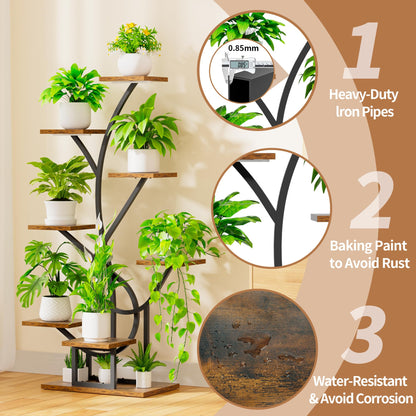 BACEKOLL Pflanzenständer mit Wachstumslicht - 8 Ebenen Blumenständer 126cm Metall Holz Pflanzenregal - Innen & Außen Blumentreppe - Dekoratives Schwarz Blumenregal für Innen Garten Balkon