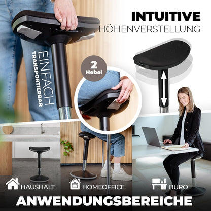ergobalance Ergonomischer 3-in-1 Sitzhocker, Bürohocker – Schwarz