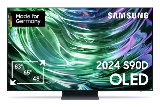 Samsung OLED TV 4K S90D – Smart KI Fernseher 55 Zoll. Rechteckiger schwarzer Bildschirm zum Anzeigen von 4K-Inhalten, Filmen und Serien.