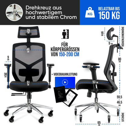 ELITESEATS ergonomischer Bürostuhl Drehstuhl – 150 kg belastbar