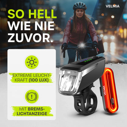 VELMIA LED Fahrradlicht Set 100 Lux StVZO mit Bremslicht schwarz