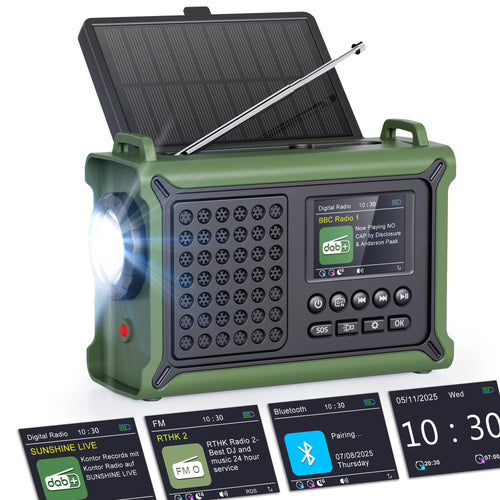 ROCAM CR1030DAB DAB+ Kurbelradio mit Bluetooth, Solar & 12000 mAh Akku, mit 2,4-Zoll-Farbdisplay und Handkurbel