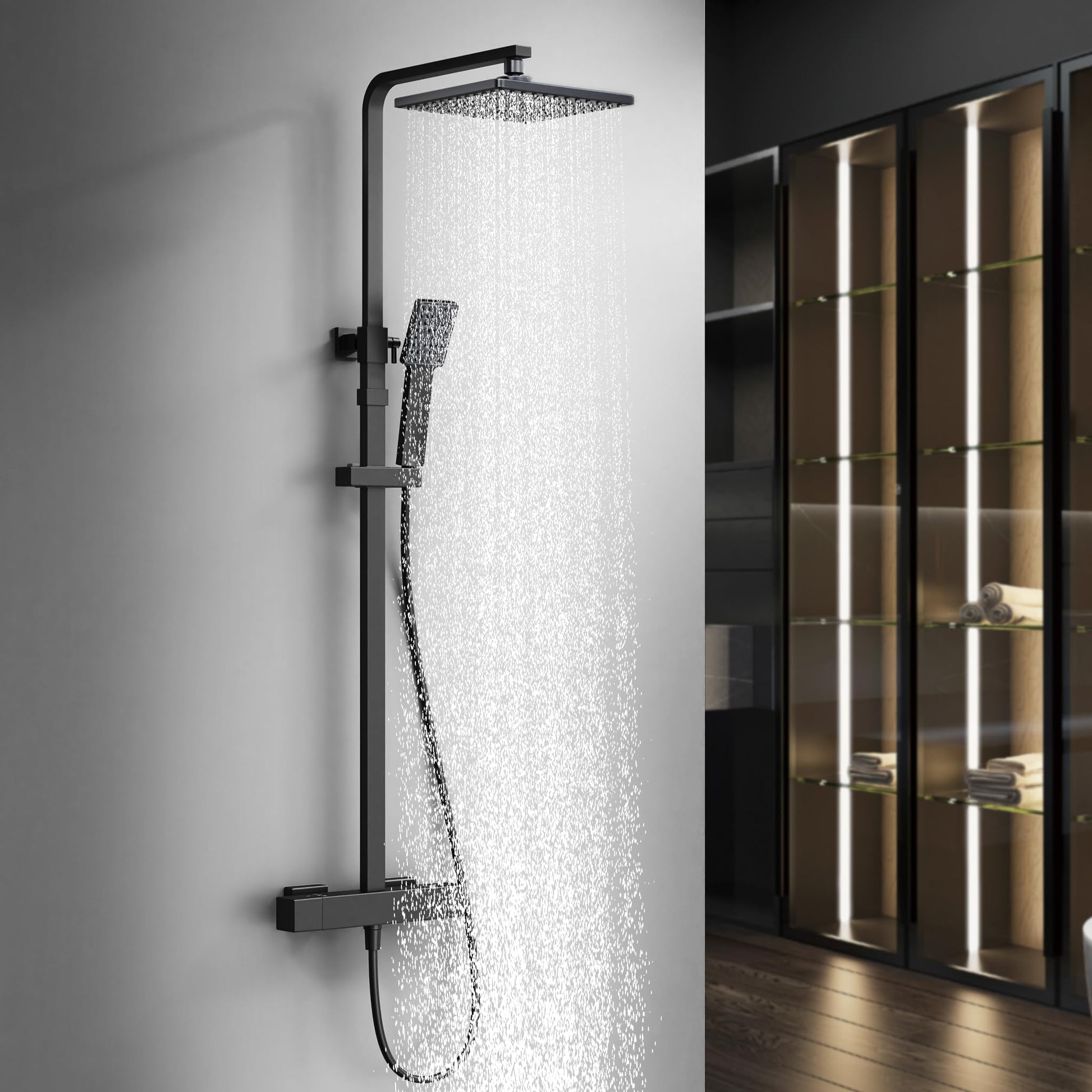 HOMELODY Duschsystem Thermostat Regendusche - Schwarz. Schwarzes Duschsystem mit Thermostat-Mischbatterie und Kopfbrause für konstante Temperatur beim Duschen.