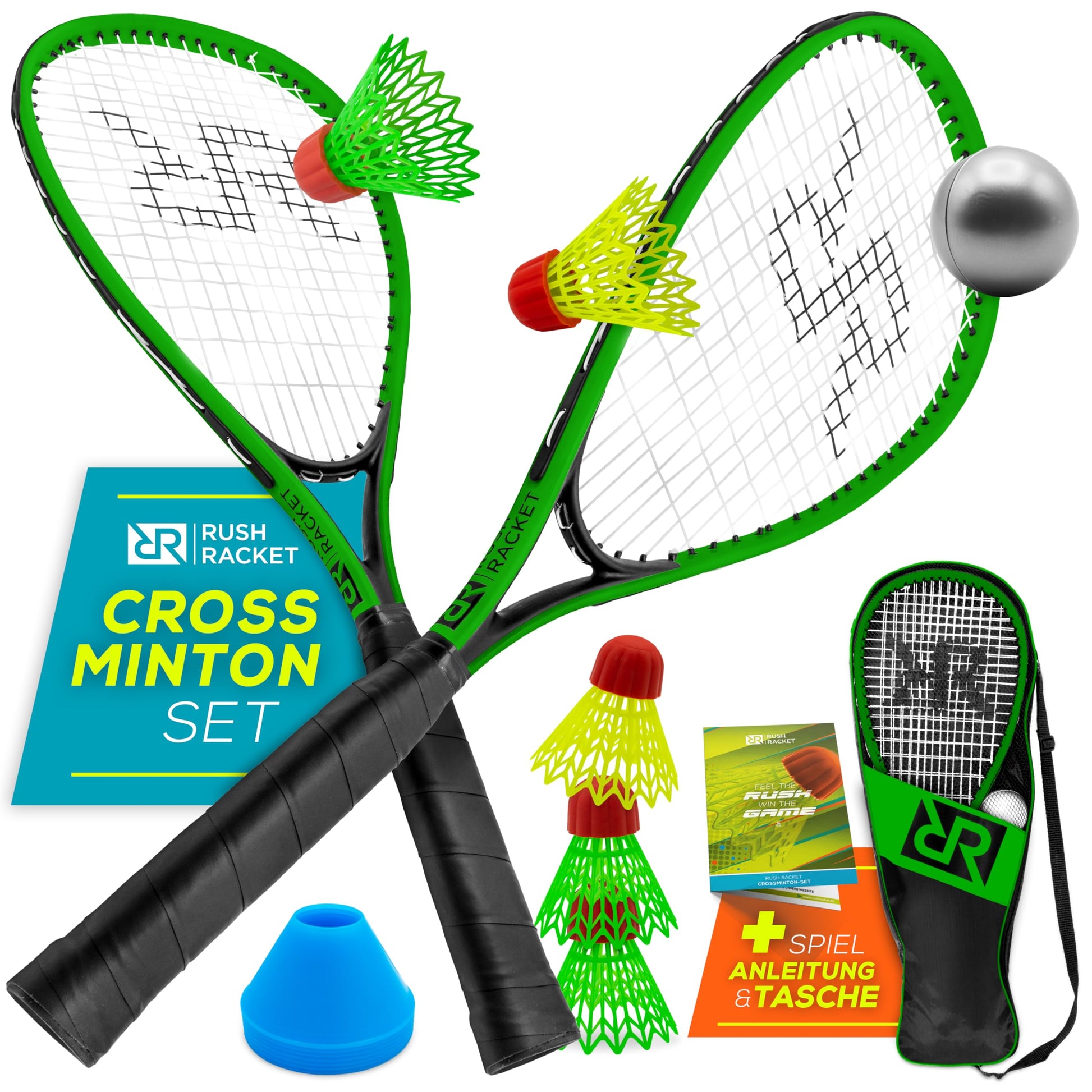 Rush Racket Speed Badminton Set RS3 Crossminton Set Grün mit zwei Schlägern und Federbällen