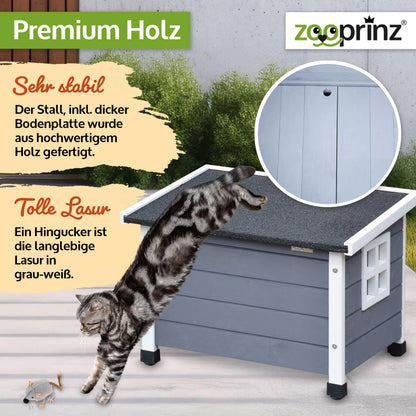 zooprinz Premium Holz Katzenhaus – Katzenkiste mit Dach zum Öffnen, Fenster und Schwingtür – Sisalband an der Katzenbox – Wetterfest für Garten/Balkon – Innen- und Draußen Hütte (Grau-Weiß, Standard)