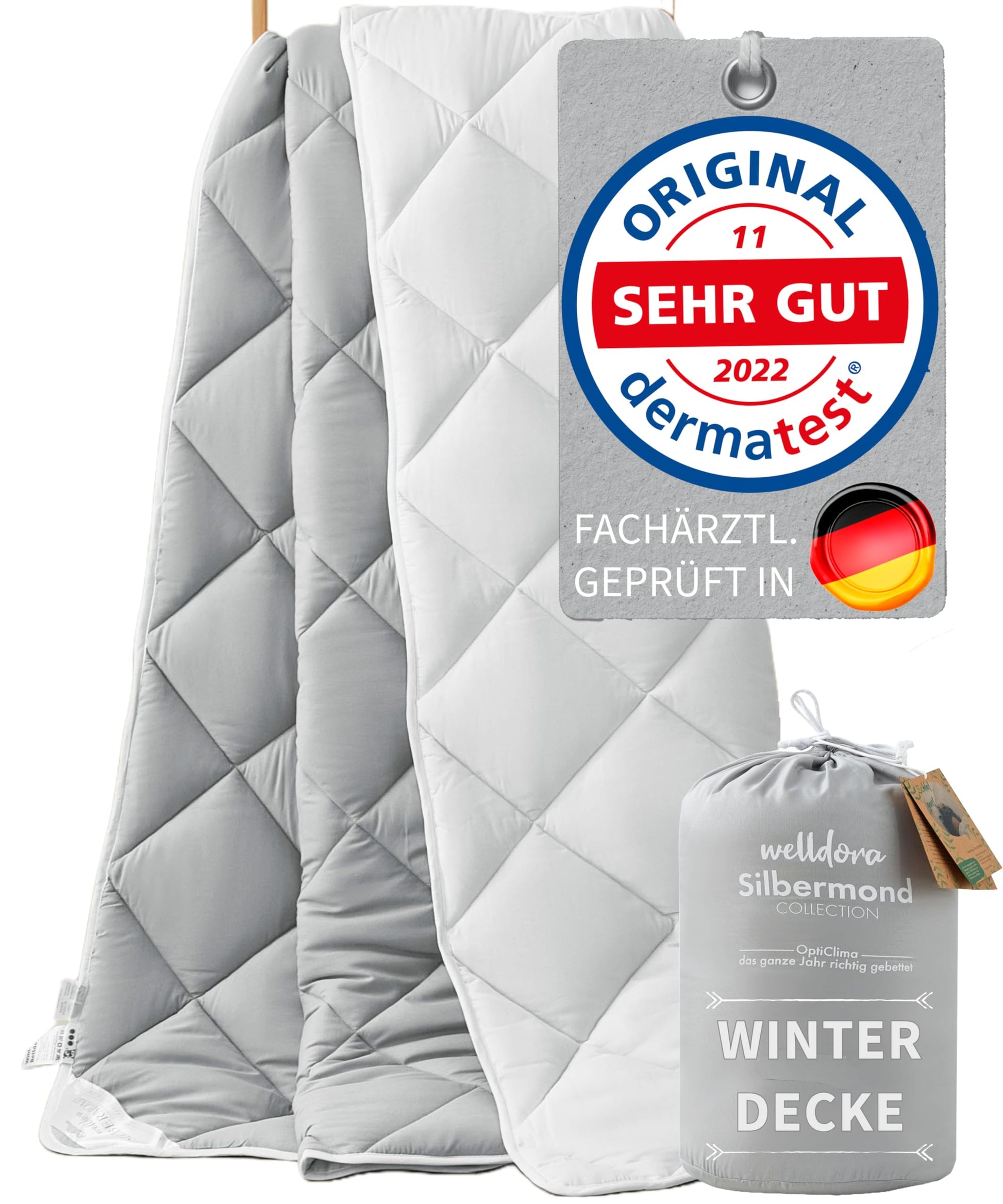 Welldora OPTICLIMA Allergiker Bettdecke, silbergrau, rechteckig, dient als warme Winterdecke speziell für Allergiker.