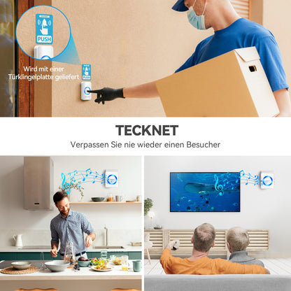 TECKNET Funkklingel Set IP65 mit 2 Sendern und 4 Empfängern