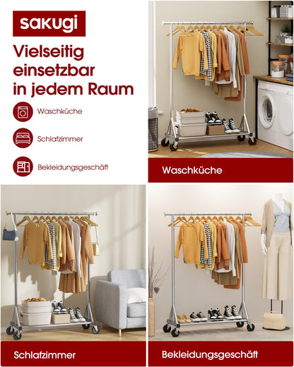 Sakugi Kleiderständer auf Rollen, Edelstahl, mit Mesh-Regal, silbern