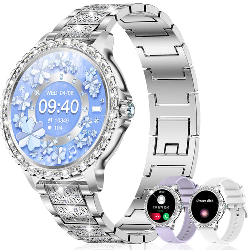 fitonyo Smartwatch Damen Diamond mit Telefonfunktion und 3 Bändern, rundes silbernes Gehäuse mit Strassbesatz