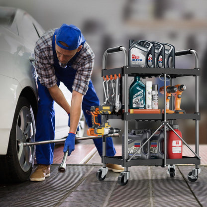 KINGRACK Servierwagen klappbar, 3 Ebenen, mit Rollen, schwarz