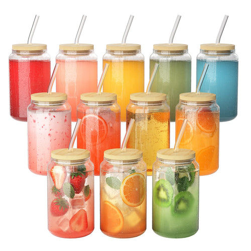 FINEW Trinkgläser 12er-Set mit Deckel und Strohhalm 450 ml, transparent, für Eiskaffee und Cocktails