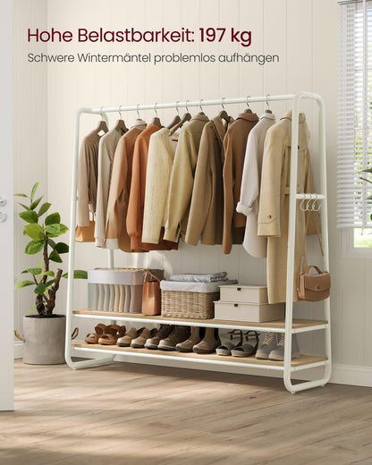 VASAGLE Kleiderständer mit 2 Ablagen und 6 Haken, naturbeige-mattweiss