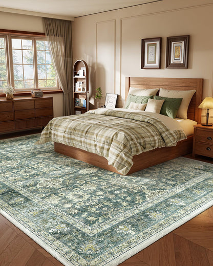 HOMFINE Vintage Kurzflor waschbarer Teppich - grün 160x230 cm