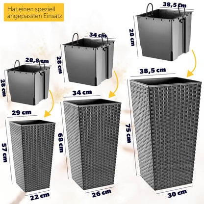 KADAX 3er Set Pflanzkübel mit Innentopf – Grafit Rattan H 57-75 cm