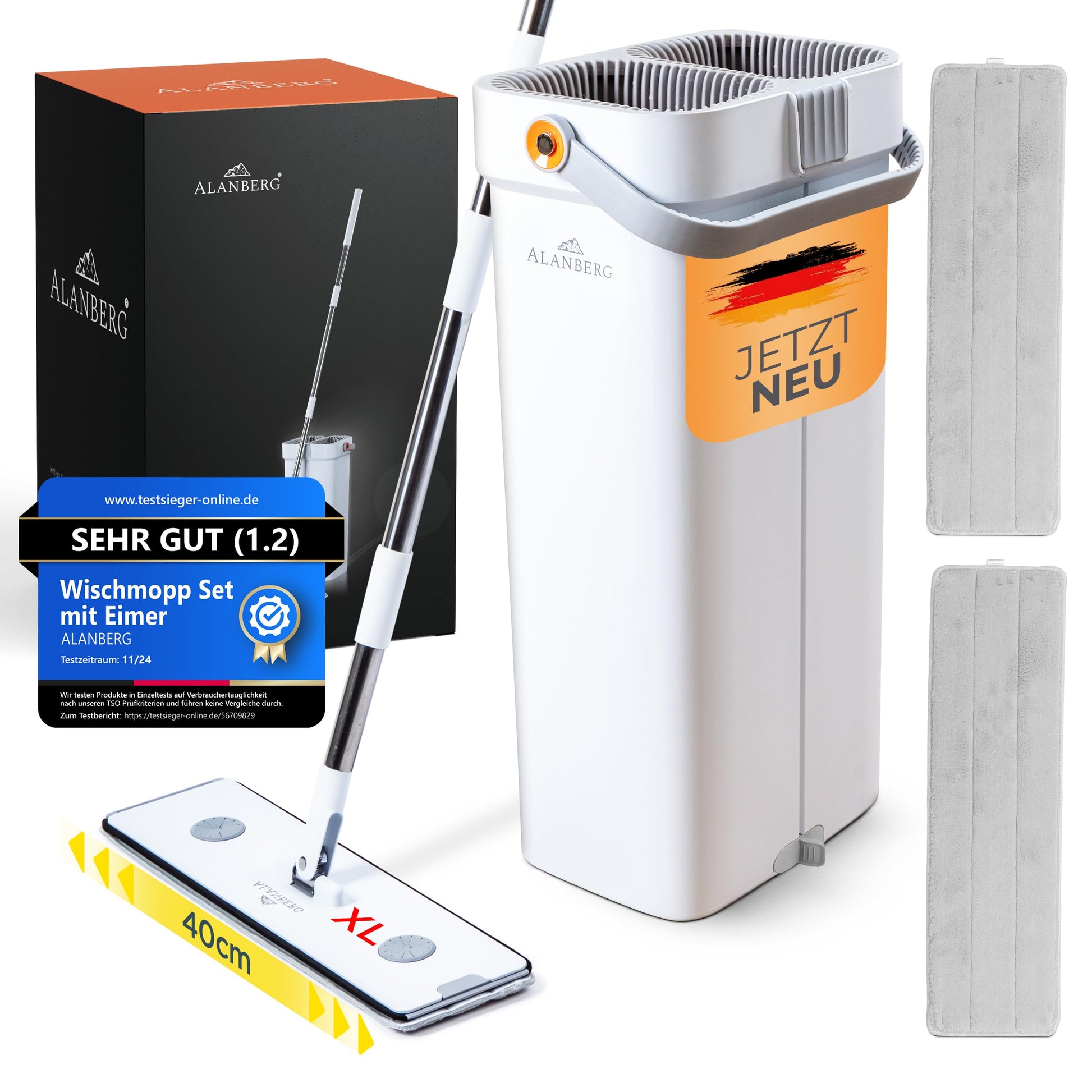 ALANBERG XL Wischmopp Set 2-Kammer – Selbstauswringend Weiss. Weißes Moppset zum Nasswischen von Böden.
