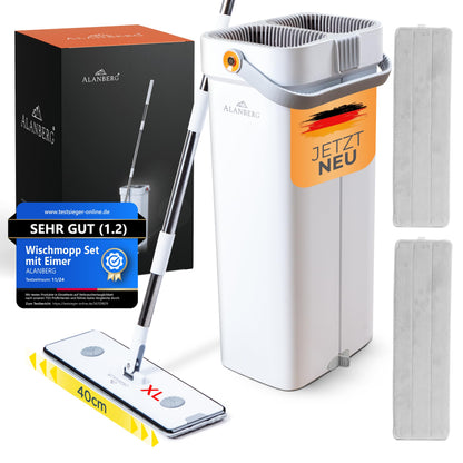 ALANBERG XL Wischmopp Set 2-Kammer – Selbstauswringend Weiss. Weißes Moppset zum Nasswischen von Böden.