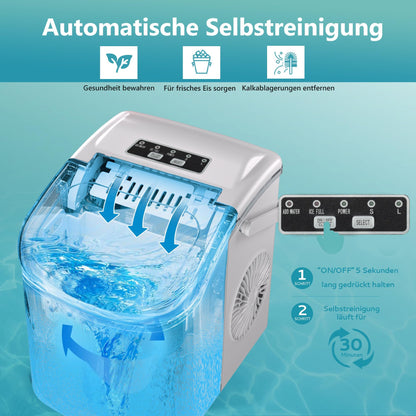 EUHOMY Eiswürfelmaschine, 9 Eiswürfel in 6 Minuten, 12 kg/Tag, weiss