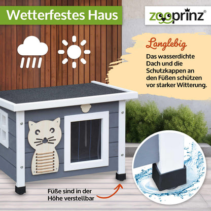 zooprinz Premium Holz Katzenhaus – Katzenkiste mit Dach zum Öffnen, Fenster und Schwingtür – Sisalband an der Katzenbox – Wetterfest für Garten/Balkon – Innen- und Draußen Hütte (Grau-Weiß, Standard)