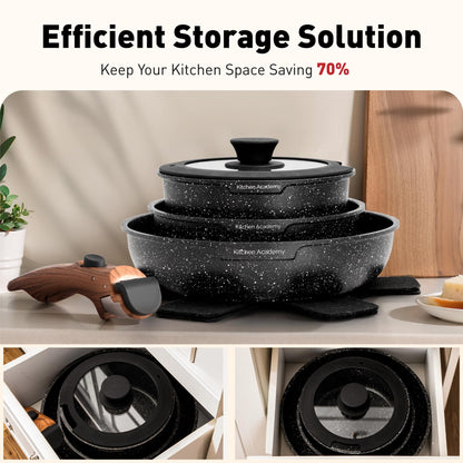 Kitchen Academy Topfset 10-teilig mit abnehmbarem Griff, schwarz
